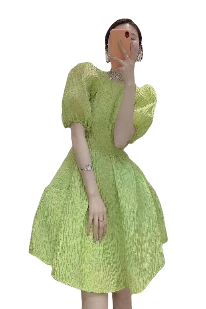 

2021 Summer New Hepburn Style Puff Sleeve Ladies Above Knee Dress Women High End Elegant Gentle Solid Pullover Short Dress