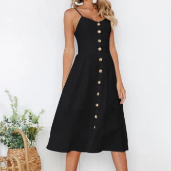 Летние Для женщин кнопки без бретелек Хлопок Длинные Maxi Dress Vestidos Повседневное