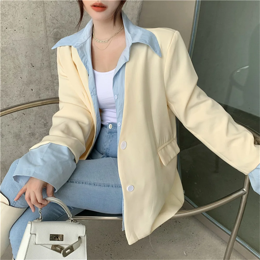 

2021 Elegant Fake Two-Piece New Blazers Vintage Office Lady Casual Autumn Chic Women High Street Loose OL Hot Tops