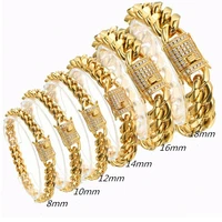 new arrival 81012141618mm stainless steel miami curb cuban chain crystal bracelet casting lock clasp mens link jewelry