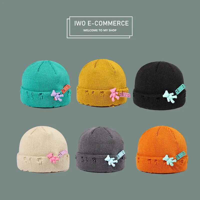 Autumn Winter Cute Bear Decorative Wool Hat Female Outdoor Warm Student Couple Knitted Male Hat Beanie Beanies Hats Caps Apparel  - buy with discount