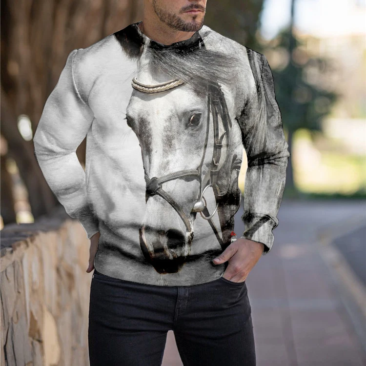 

European Men's Long-sleeved White Horse Pattern 3D Printing Ultra-high-definition Pattern Comfortable Casual Clothing