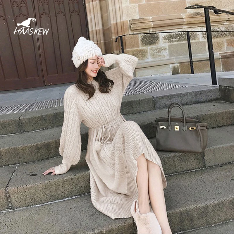 

Women Loose Sweater Dress Autumn Winter Knitted Women Pullover Skirt Long Dress Round Neck Warm sweater Casual Midi Ladies Dress