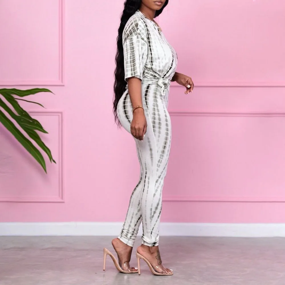 

2021 Oversize Ladies Two Piece Sets Summer Fashion Loose Casual Simple Printing Tie Dye High Waist Slim Round Neck Summer