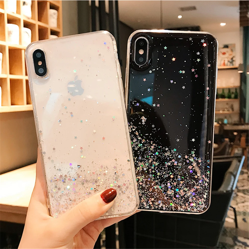 Glitter Bling Star Sequins Case For iPhone 8 7 Plus 7p 6 S 6s Clear Transparent Cases For iphone X XR XS MAX 10 Soft TPU Cover