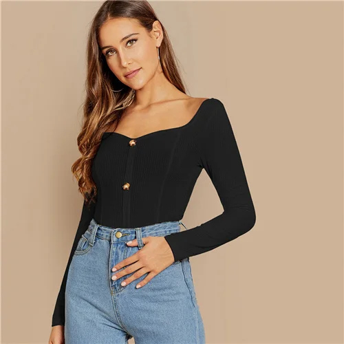 SHEIN Облегающий Топ С Длинным Рукавом И Глубоким Вырезом Трикотажная Блузка В Рубчик - Цвет: Черный