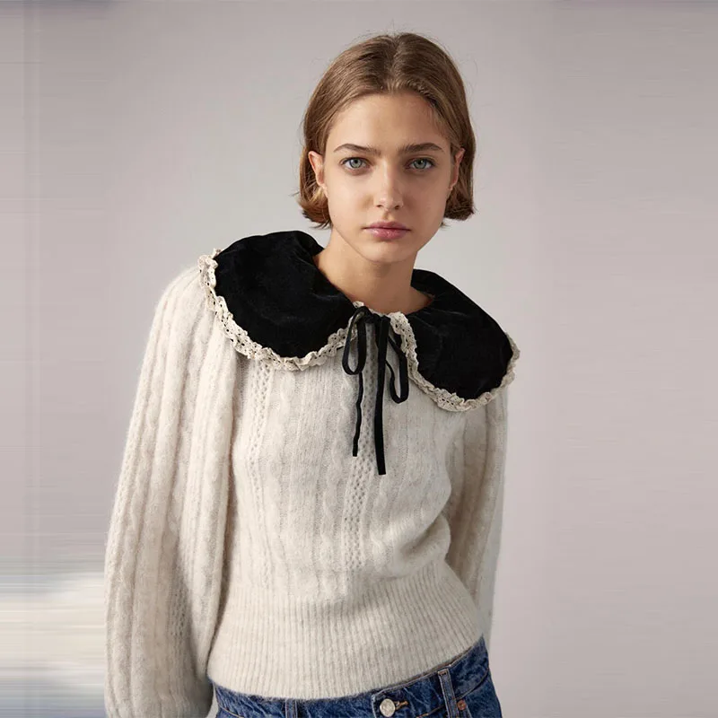 

OLOMM Long Sleeve Sweater Women Winter New British Ruffled Collar Lace Trim Knitted Sweaters Elegant Jumper Tops for Female 2021