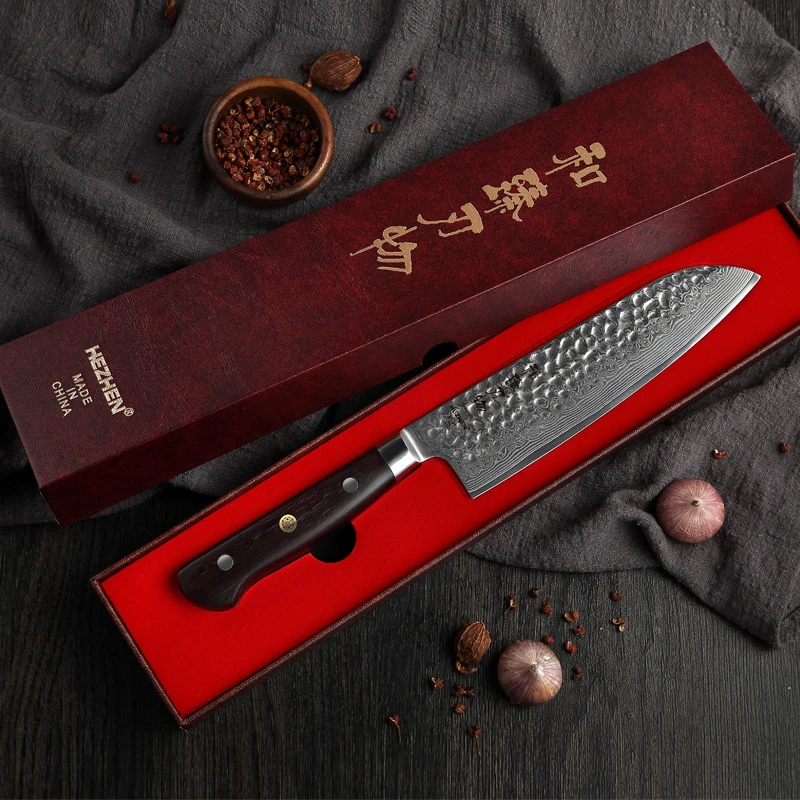 HEZHEN 7 дюймовый нож Santoku японский дамасский VG10 Стальные режущие инструменты для