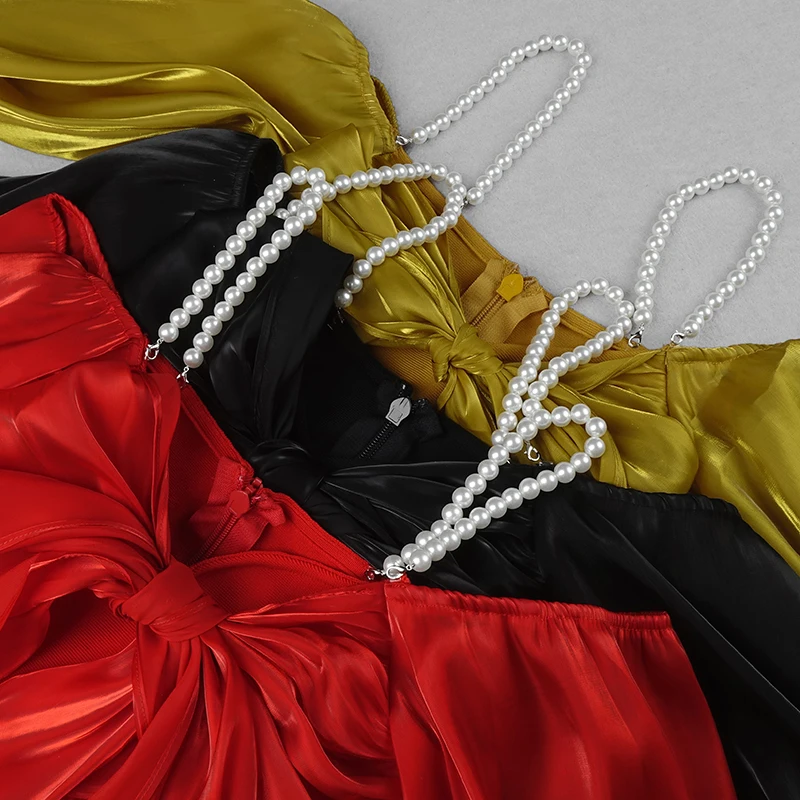 

Free Shipping 2020 New Trendy Bowknot Design Sexy Off Shoulder Pearl Straps Celebrity Party Club Bandage Mini Dress