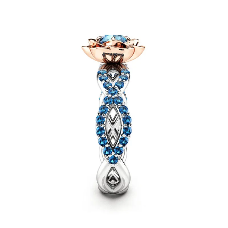 

Fashion Blue Zircon Flower Rings for Women Elegant Stone Two-tone Cross Chic Engagement Bride Finger Ring Jewelry Gifts