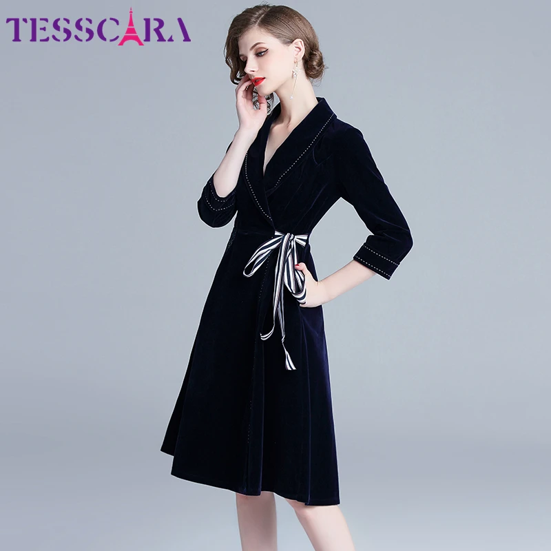 TESSCARA, женское осеннее и зимнее элегантное бархатное платье, праздничное, для женщин, высокое качество, дизайнерские, офисные, вечерние, Vestidos, винтажное платье