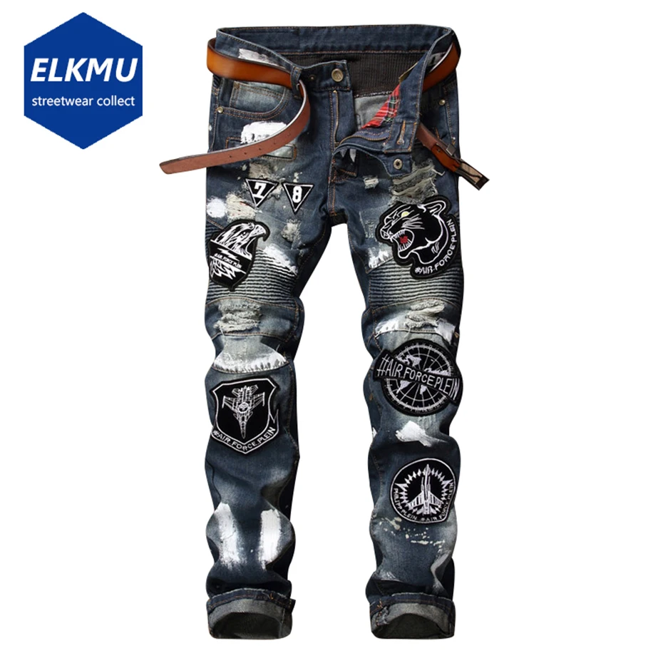 

Рваные джинсы в стиле панк с вышивкой, синие облегающие джинсовые брюки, Мужская Уличная одежда в стиле Харадзюку, хип-хоп, байкерские джинс...