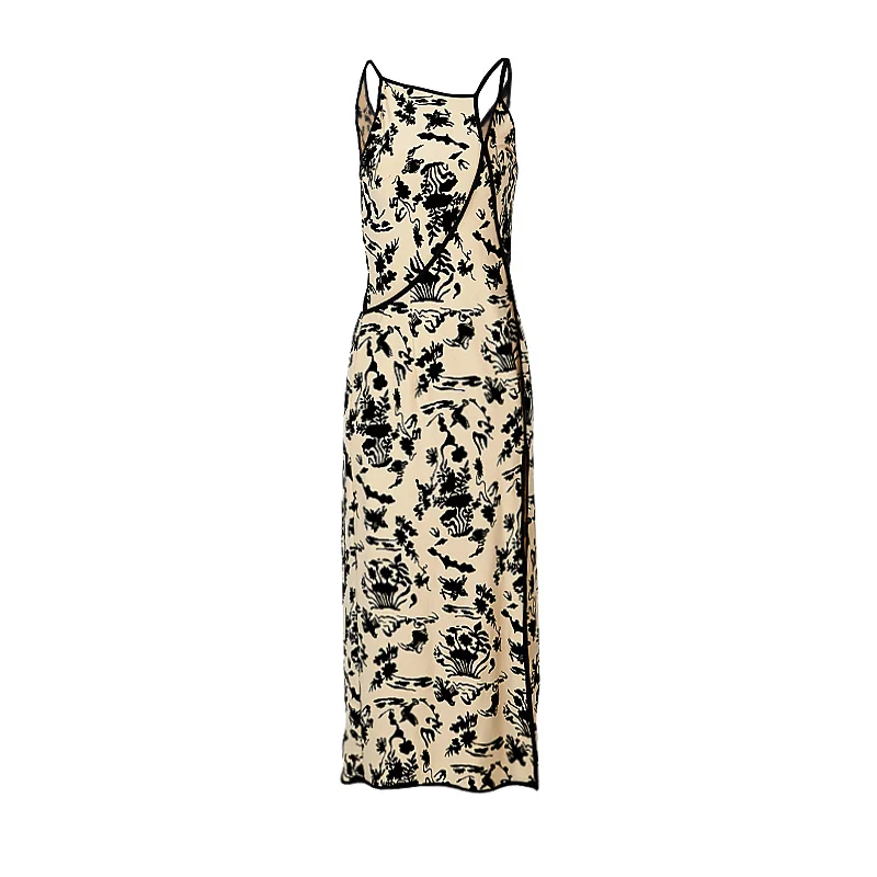 

DEAT Women color asymmetrical printing Dress New square Neck Sleeveless slim Fit Fashion Tide summer 2021 7E351