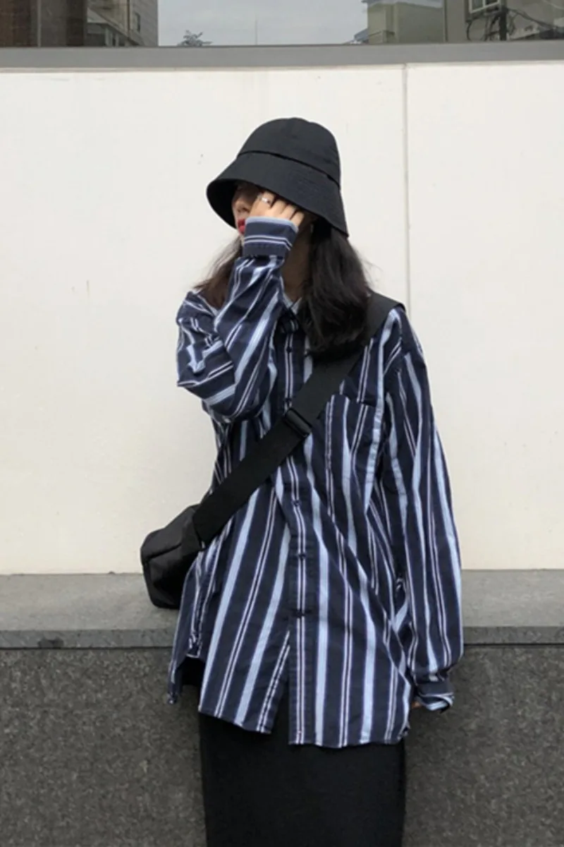 

SuperAen Japan Stripe Shirts Women Spring Casual Button Oversized Girls Striped Blouse Female Lapel Tops
