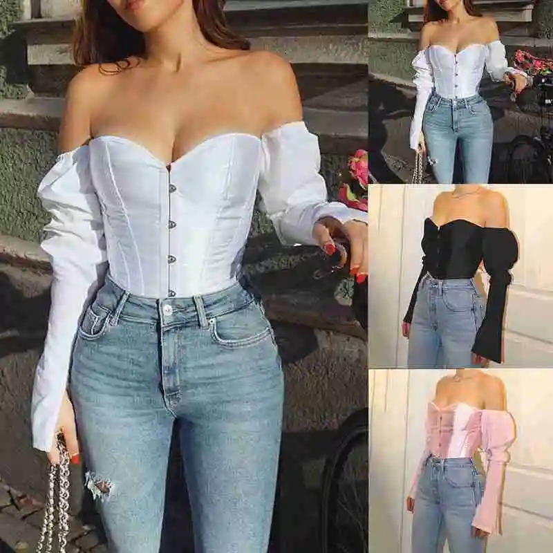 

Women's New Style Color One-shoulder Waist Tie Halter Long Sleeve Top