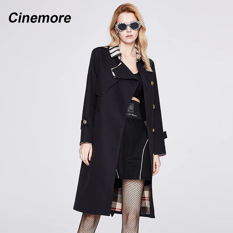 

Женский однотонный двубортный тренчкот с отложным воротником, на осень