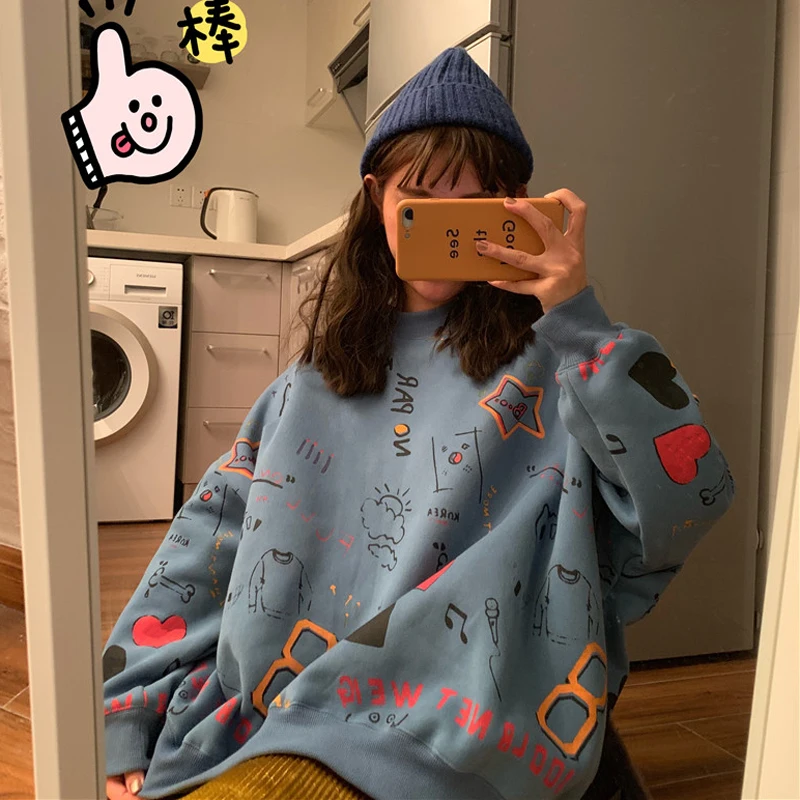 Gaganight корейский для женщин толстовки Мода милый узор Harajuku стиль О образным вырезом свободные длинные рукава повседневное пальто Высокое качество топы