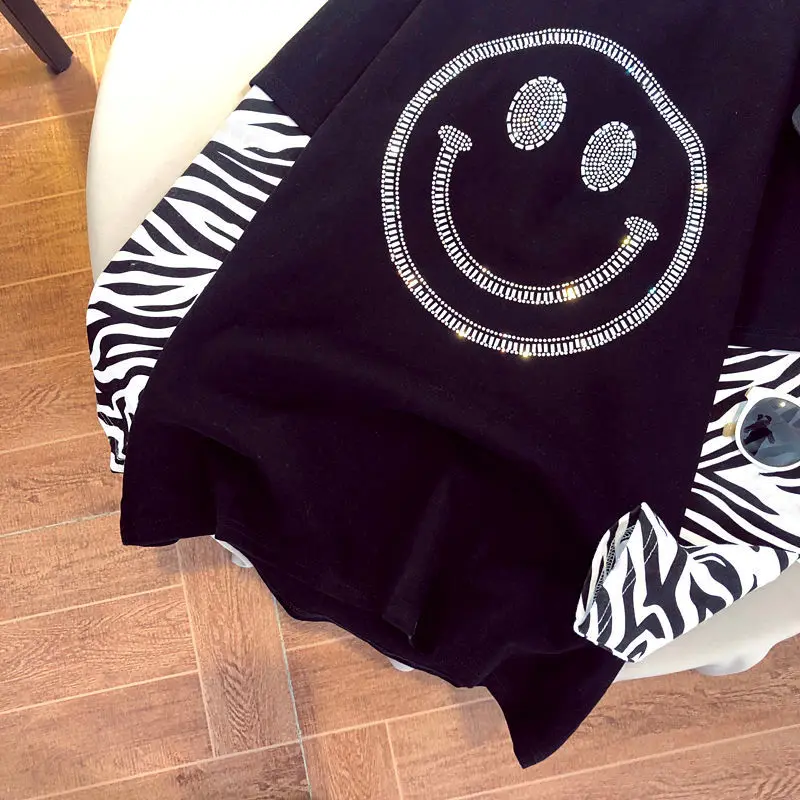 

100% Cotton Hot Drilling Zebra Pattern Stitching Long-sleeved Fake Two-piece T-shirt Women Spring 2021 Harajuku Loose T-shirt