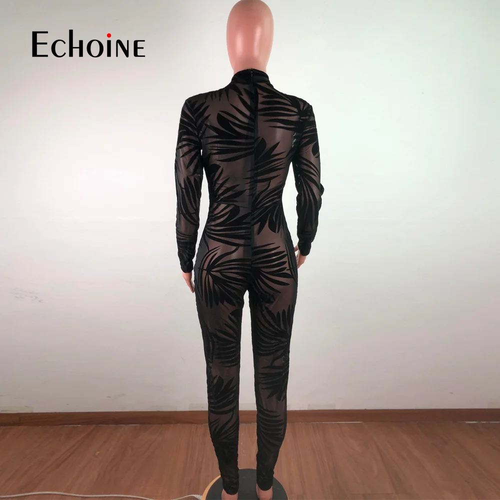 

Echoine Women Perspective Skinny Jumpsuit Mesh Spliced One Piece bodysuit Crew Neck Sexy Party Club High Waist romper clothing