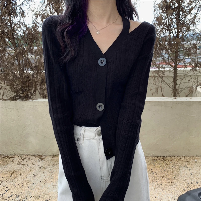 

2021 Spring and Autumn New Slim Show Temperament Long Sleeve V-Tie Pocket Knit Cardigan Sweater Top