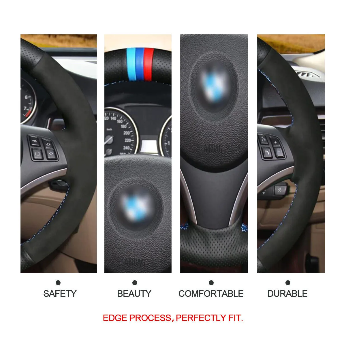 

Black Suede Genuine Leather steering wheel cover for 1 Series E81 E82 E87 E88 2008-2012 / 3 Series E90 E91 E92 E93 2006-2011