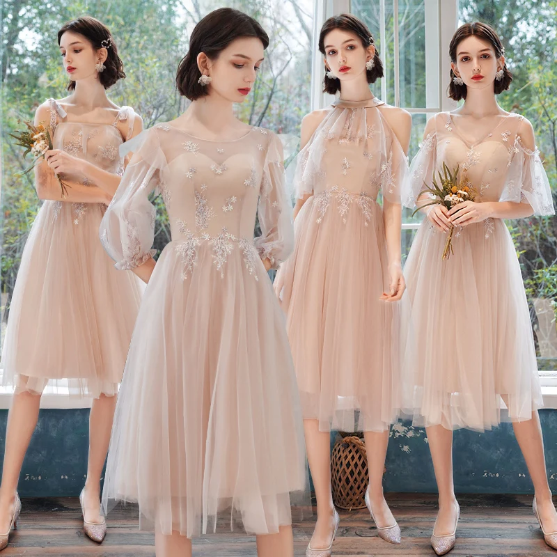 

Bridesmaids Dress Luxury Pink A-Line Knee-Length Spaghetti Straps Strapless Embroidery Lace Tulle Women Wedding Party Gown E131
