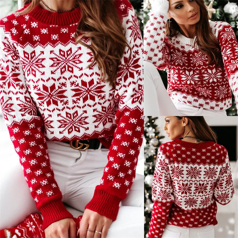 

Christmas Style Women's Sweater Autumn Winter 2021 New Hoodie Women's Clothing Snowflake Round Neck Long Sleeve Women's Sweater