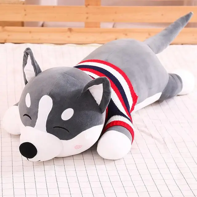 5 New Lovely Funny Dressed Husky Stuffed Doll Stripe Sweater Soft Husky Lying Plush Toy Grey/Black Dog Animals Kids Birthday Gift - Цвет: 5