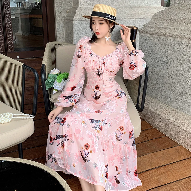 

Runway Bohemia Floral Print Elegant Long Dress Women High-End Lantern Sleeve Luxury Vintage Beach Vacation Ruffles Party Dress
