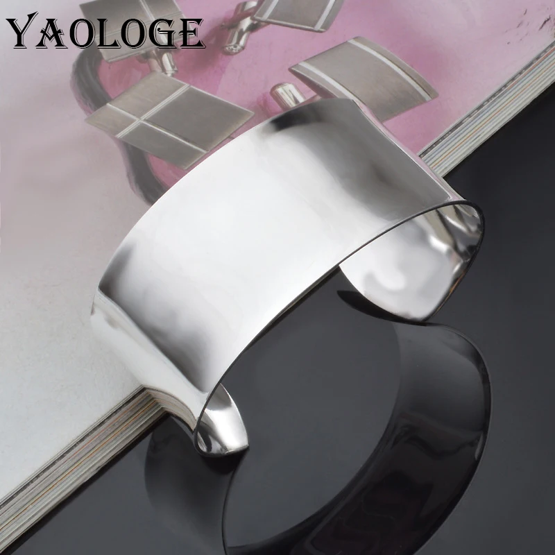 

YAOLOGE 925 Sterling Silver New Classic Wide Face Smooth Open Bangle Ladies Engagement Birthday Party Jewelry Bracelet Gift