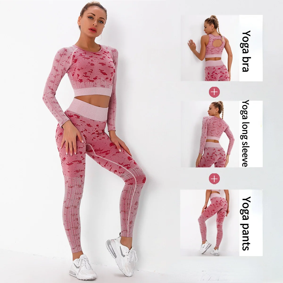 

3 Pieces Spot High-end Seamless Knit Yoga Fitness Suit Outdoor Quick-drying Striped Camo Yoga Suit Sports Bra Leggings Women