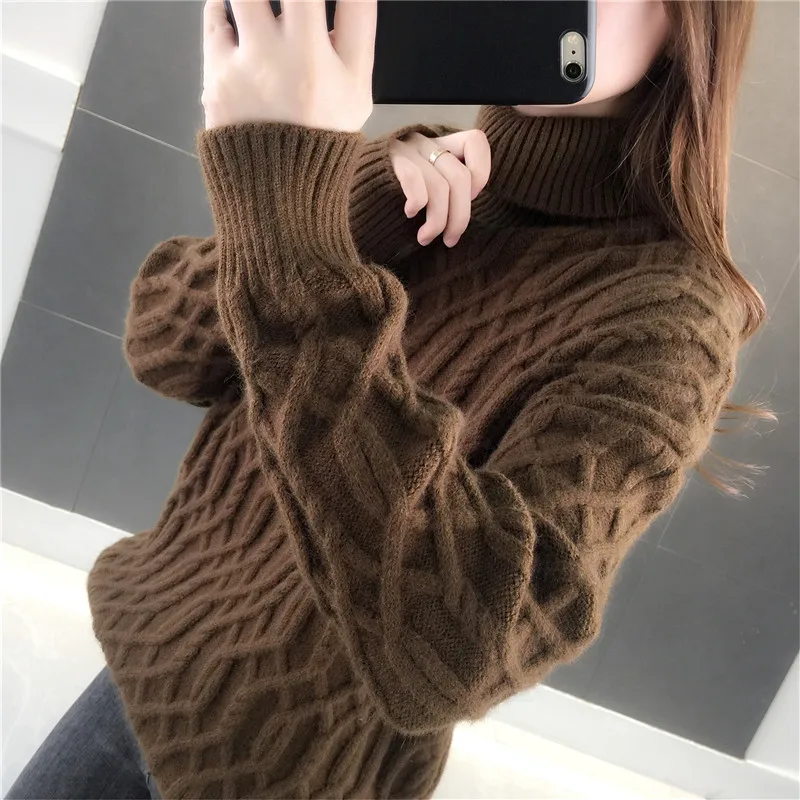 Пуловер с высоким воротником женский осенне-зимний толстый базовый свитер