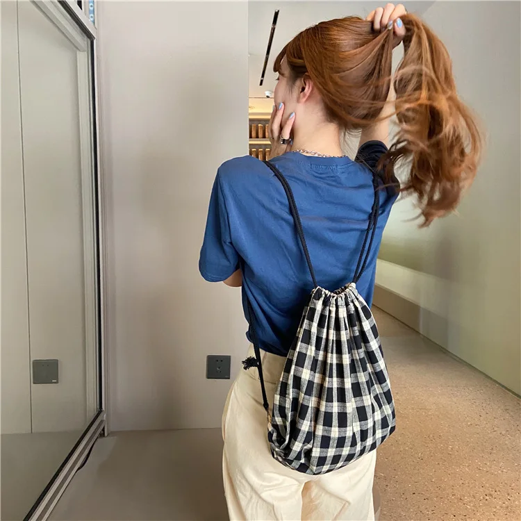 Рюкзак из хлопка и льна в клетку|Женские рюкзаки| |