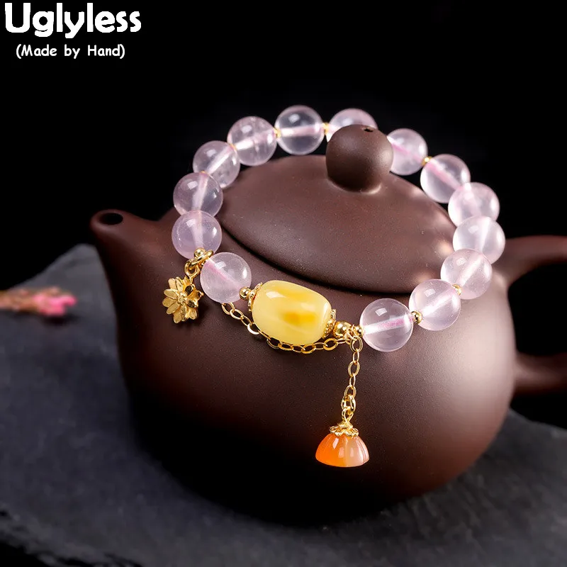 

Uglyless Transparent Pink Crystals Bracelets for Women Elastic Rope Beading Gemstones Bracelets 925 Silver Agate Amber Jewelry