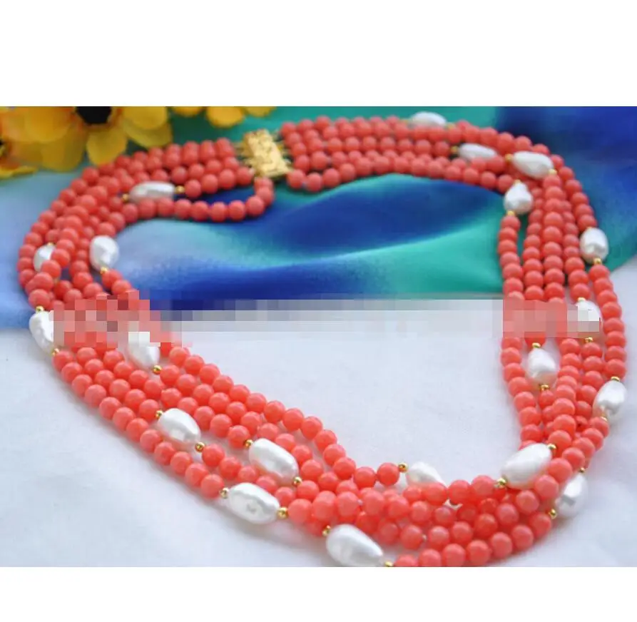 

Free Shipping natural 5row pink coral bead white baroque pearl NECKLACE
