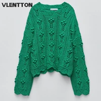 new autumn winter women green hollow out knitted sweater o neck tops casual female long sleeve loose pullover jumper