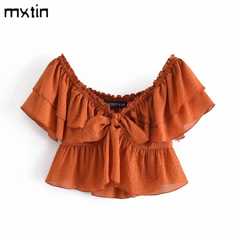 

MXTIN 2020 Women Summer Fashion Solid Ruffle Cropped Blouses Vintage Bow Elasticity Female Japan Shirts Blusas Chic Tops
