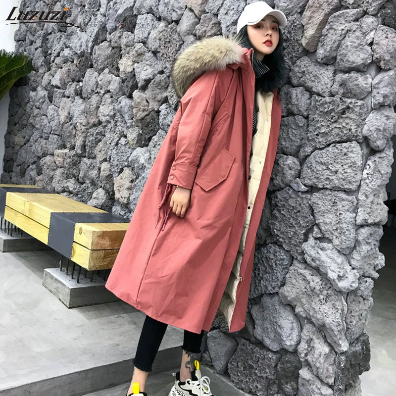 Luzuzi большой мех енота воротник 2020 женский зимний пуховик пальто с капюшоном