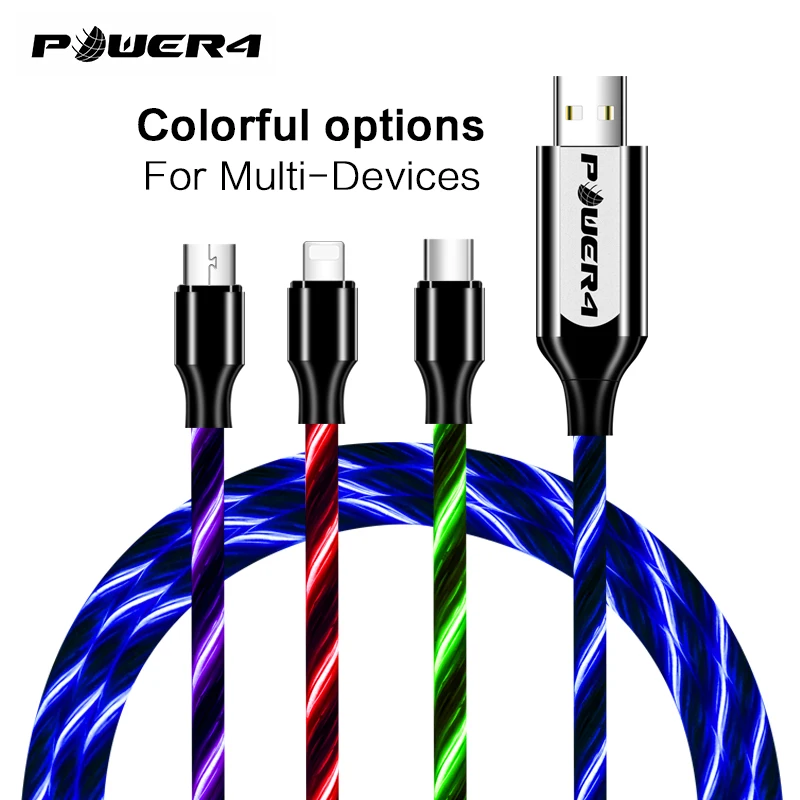 Power4 Прохладный светящийся USB C Микро зарядный кабель три разъема доступны для Lightning/Apple Android type-C зарядки мобильного телефона