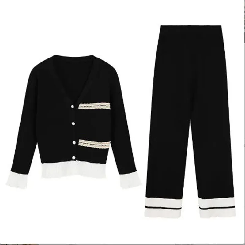 Модный Тонкий Повседневный Трикотажный костюм с оборками женский корейский