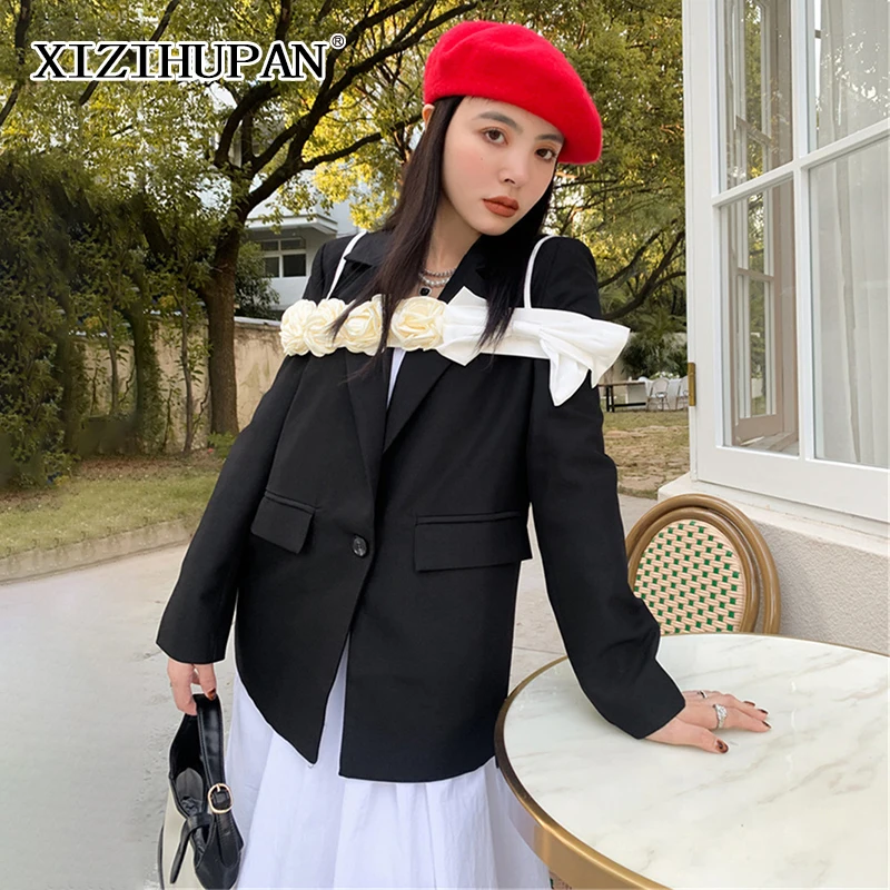 

XIZIHUPAN Temperament Black Female Blazer Notched Long Sleeve Single Button Korean Fashion Two Tone Coats Female 2021 Stylish