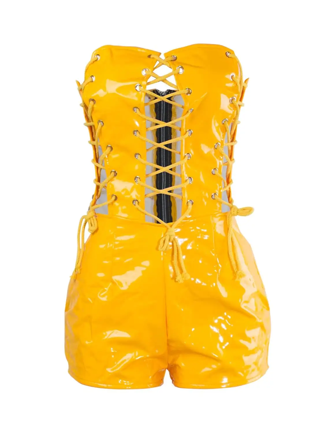 Yellow jumpsuits VWIWV, Модный женский короткий комбинезон, DeepV, на шнуровке, без бретелек, с вырезами, комбинезоны с открытыми плечами, на молнии, летние женские комбинезоны - Цвет: Yellow jumpsuits