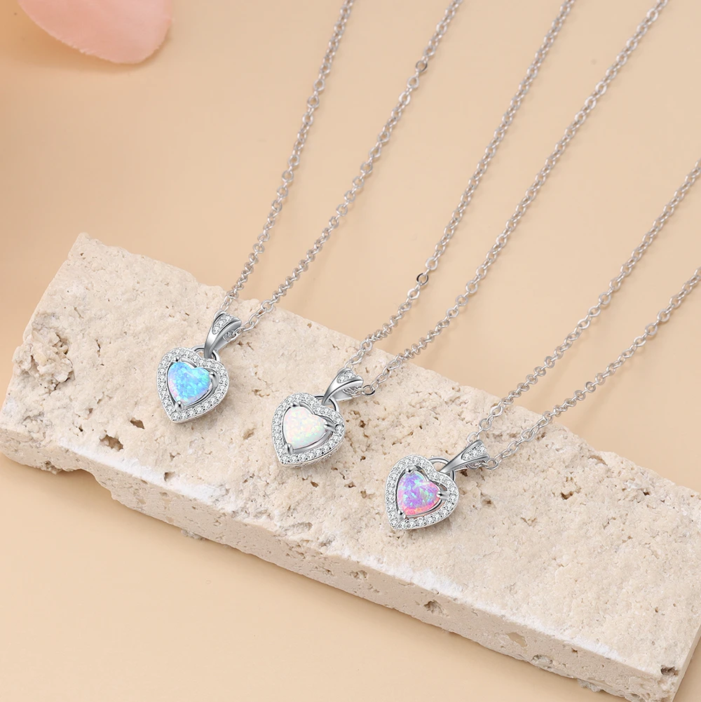 Ожерелья серебряного цвета в форме сердца белые розовые синие опаловые ожерелья