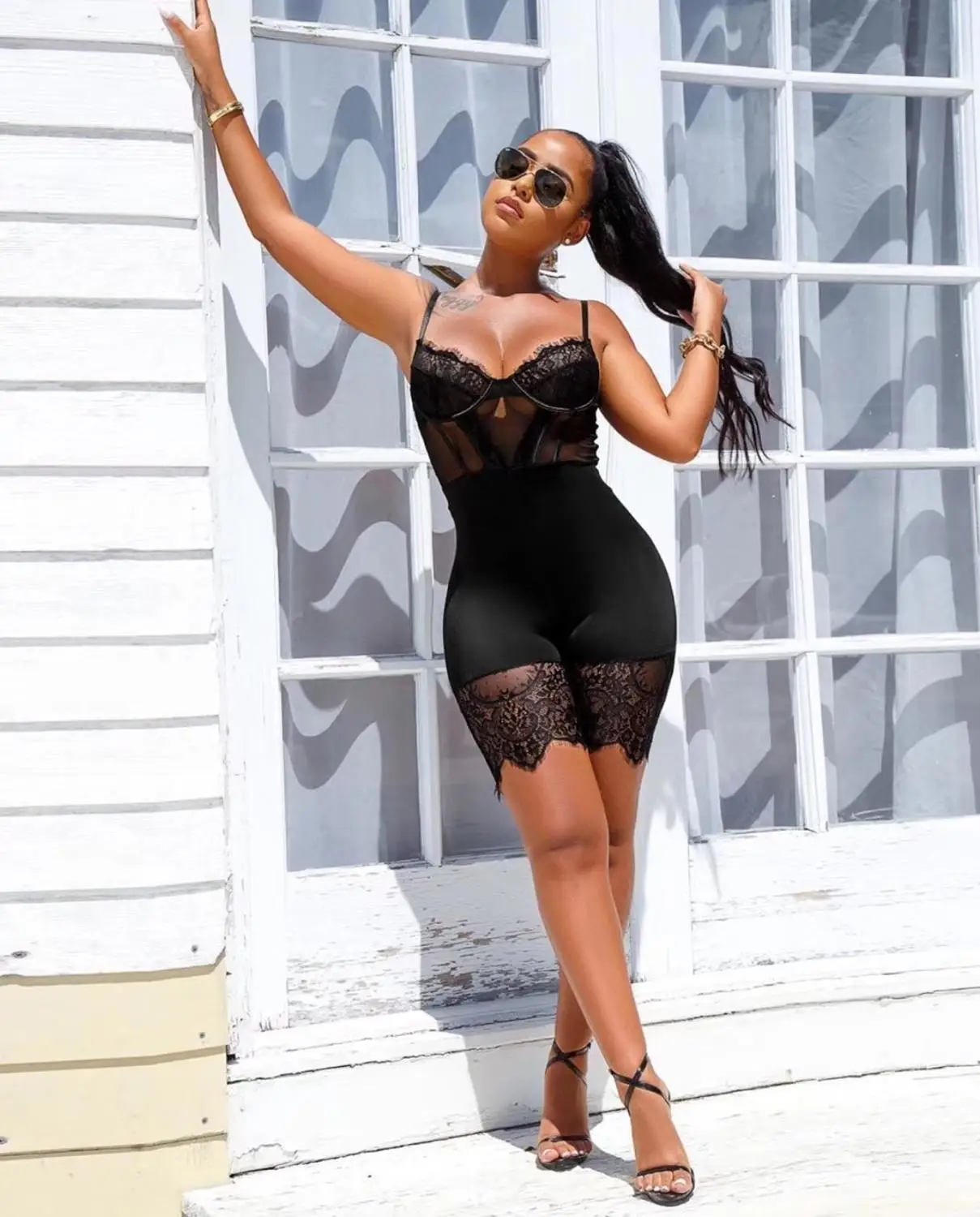 Женский летний бандажный комбинезон 2020 сексуальный черный кружевной