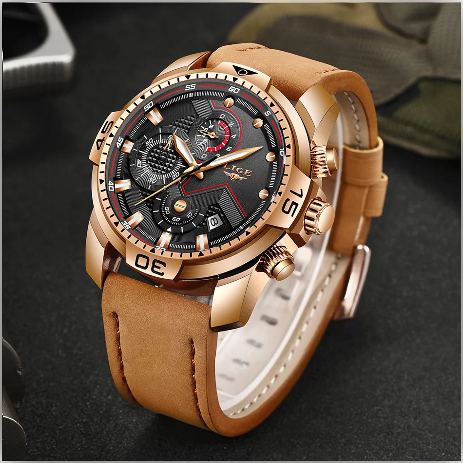 

Top LIGE Brand 9923 Mens Luxury Business Calendar Week Leather Watch Waterproof Quartz Sports Man Wristwatches Reloj Hombre