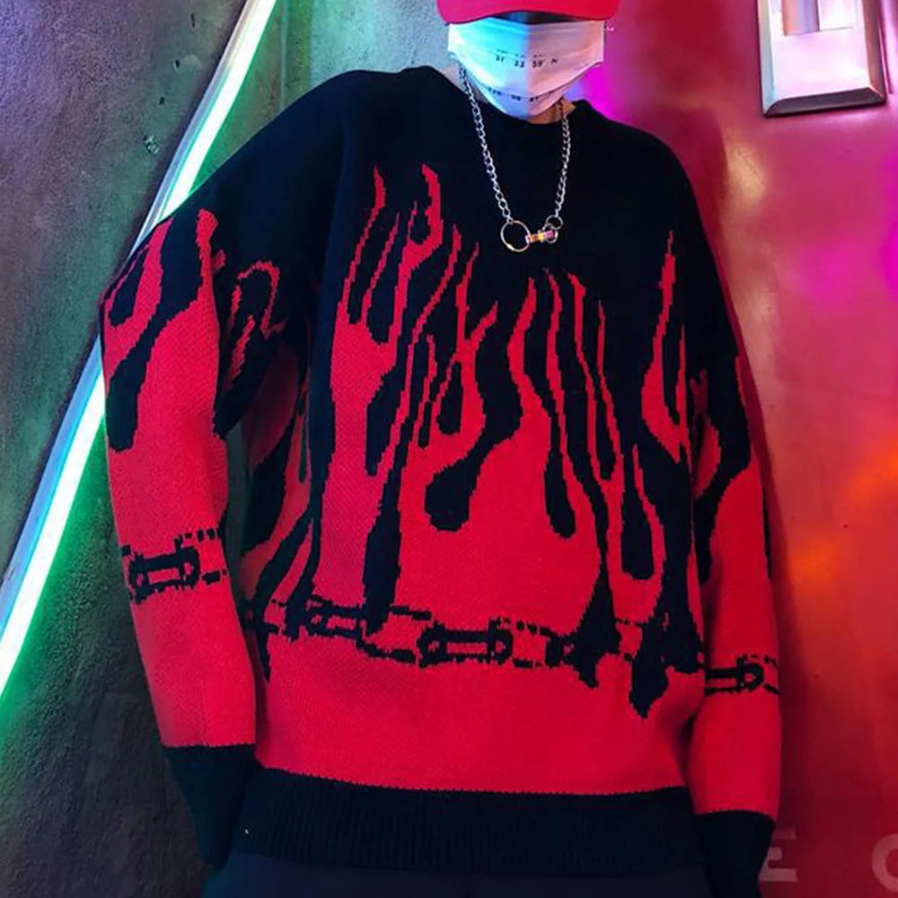 Женский вязаный свитер с принтом пламени пуловер в готическом стиле Свободный