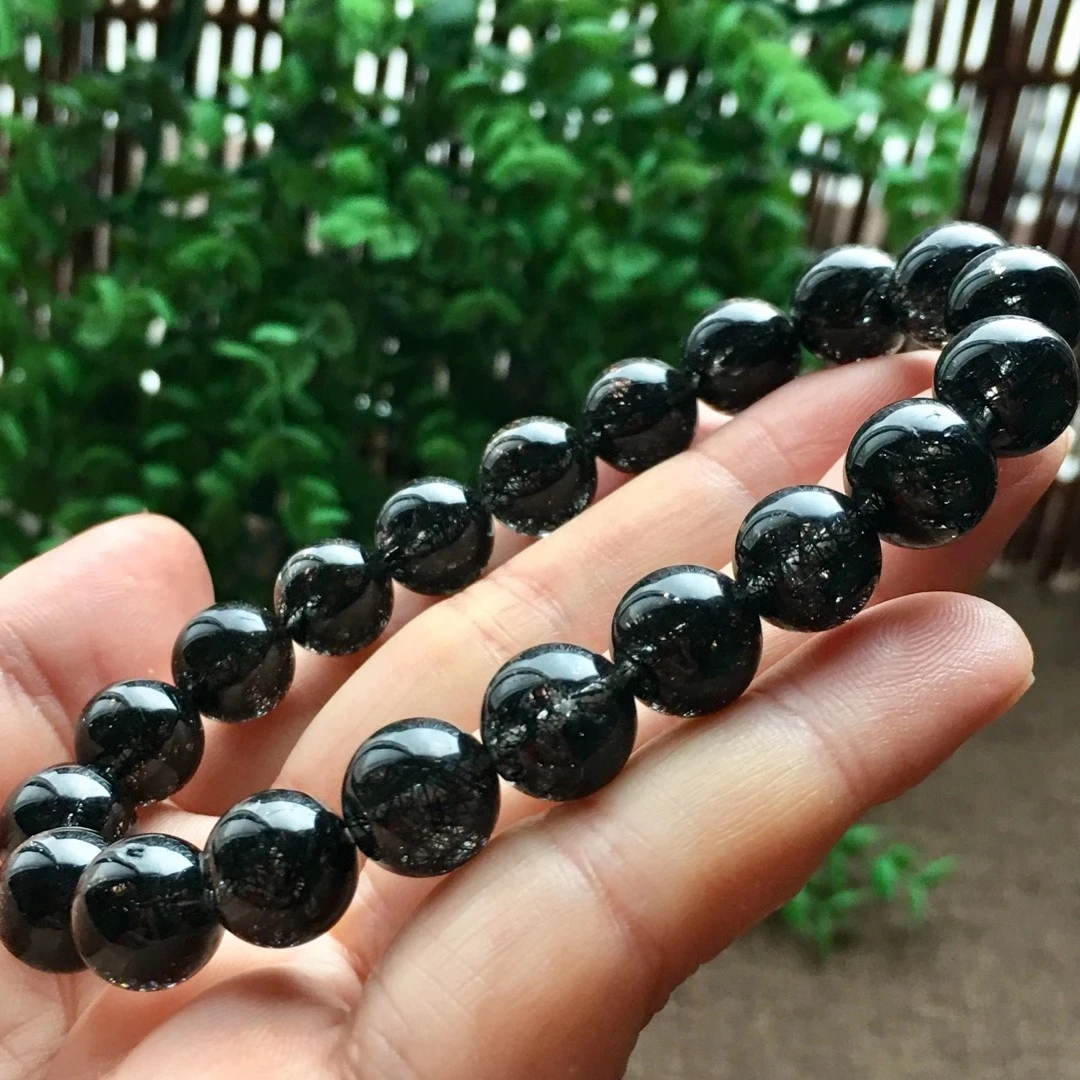 

Natural Black Rutilated Quartz Crystal Women Men Bracelet 10mm Rutilated Clear Round Beads Wealthy Stone From Brazil AAAAA