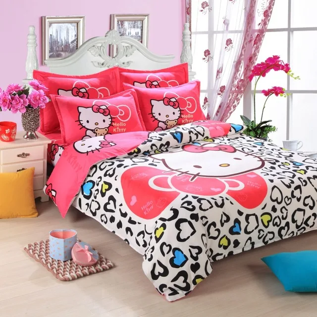 Лучший. WENSD роскошный 3d постельное белье из хлопка с рисунком «hello kitty» 3/4 шт., простыня, пододеяльник, со шнурком, комплекты «king», «queen» Детская мультяшная одежда