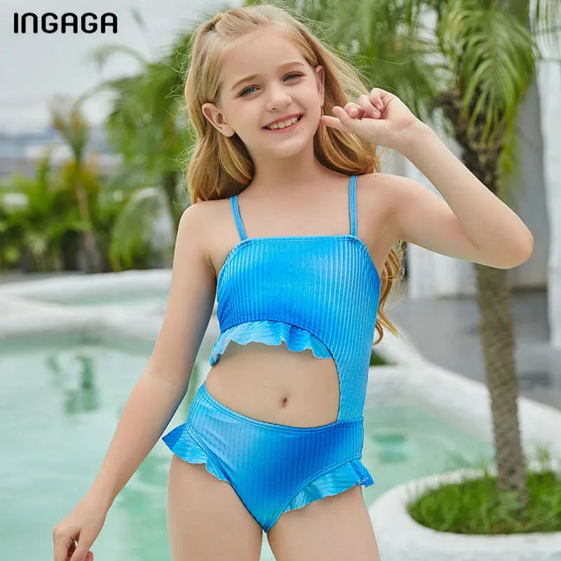 

INGAGA Tie Dye Children's Swimwear Ribbed Swimsuits One Piece Girl Cut Out Monokini Bodysuits Ruffled Bathing Suits Beachwear