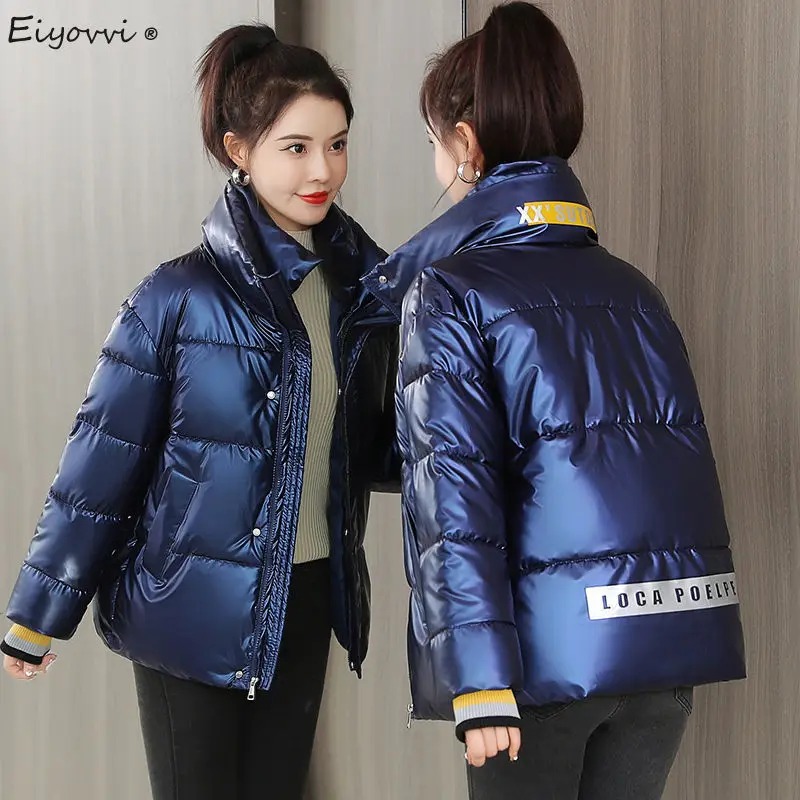 

Women 2021 Winter Cotton Padded Jacket Short Korean Loose Stand Collar Solid Long Sleeve Hio Hop Loose Warm Jackets Parkas